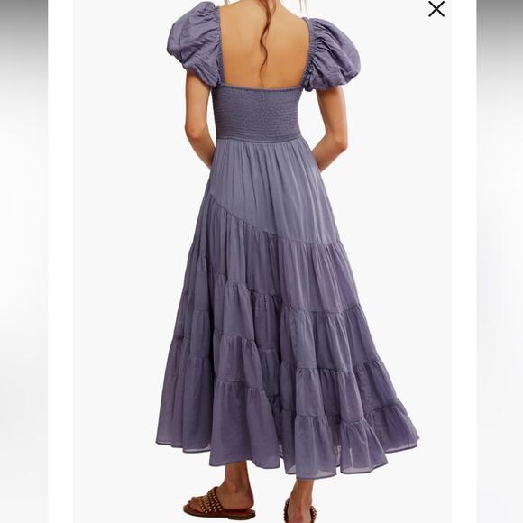 NWOT Free People Boho Sundrenched Smocked Puff Sleeve Maxi Blue Granite- M - Picture 4 of 14